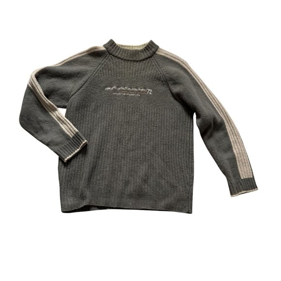 Vintage Jeanswest Wool Knit Sweater L Ribbed Gray Beige Striped Sleeves Crewneck - Picture 1 of 10